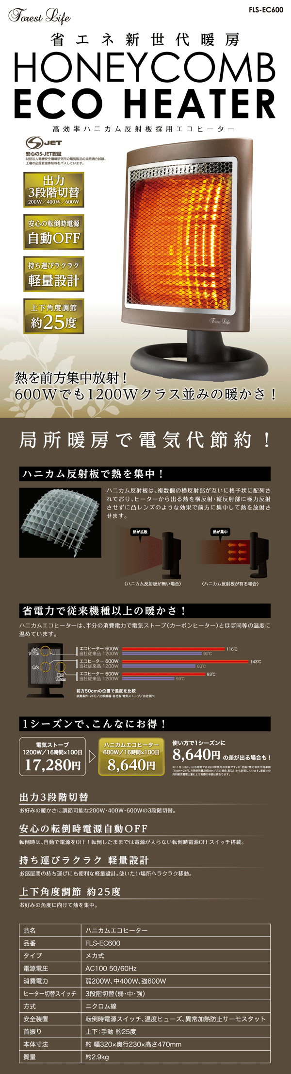 600W ハニカムエコヒーター　FLS-EC600 